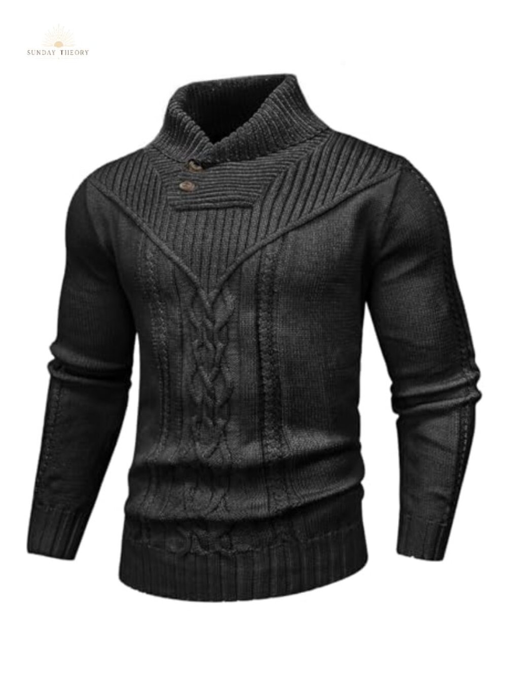 Men's Shawl Collar Cable Knit Pullover Sweater Button Decor